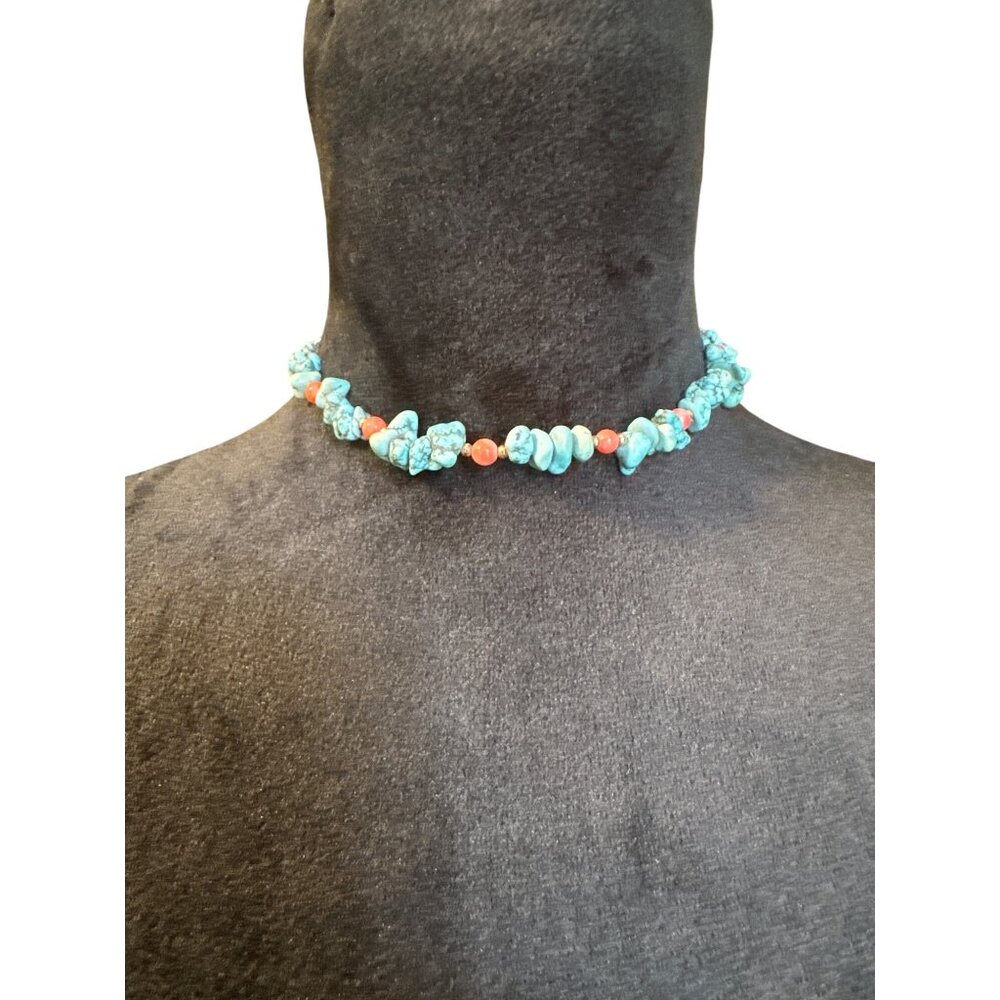 Turquoise & Coral Beaded Necklace With Gold Clasp
